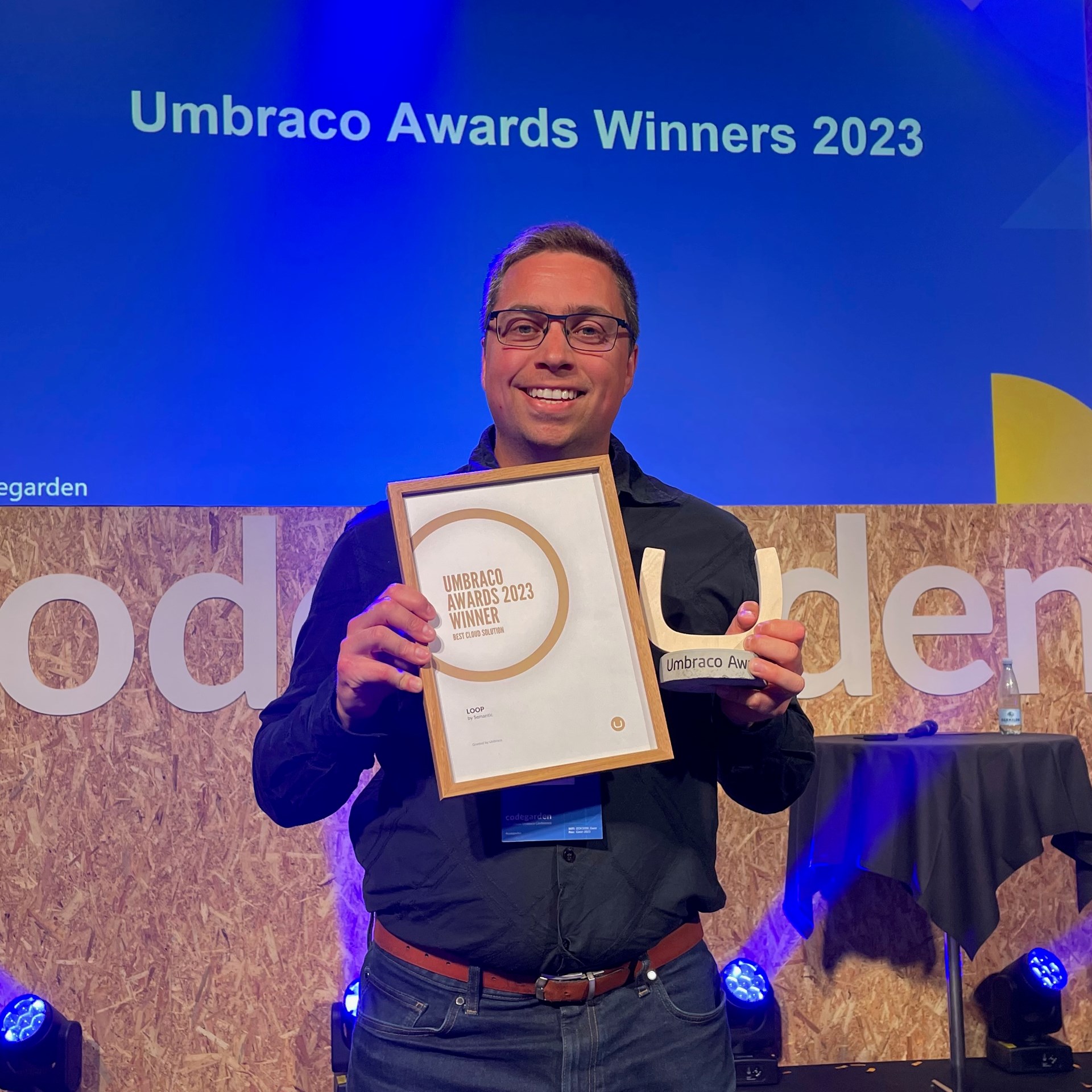Umbraco Awards 2023 Winner - picking up our award for LOOP at Codegarden